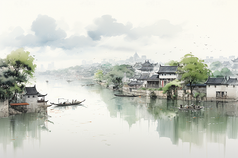 水墨江南小镇手绘插画