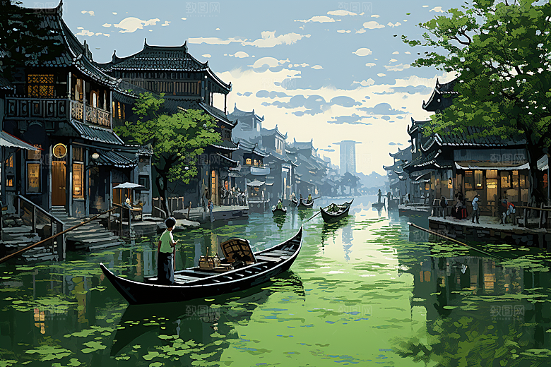 水墨江南小镇手绘插画