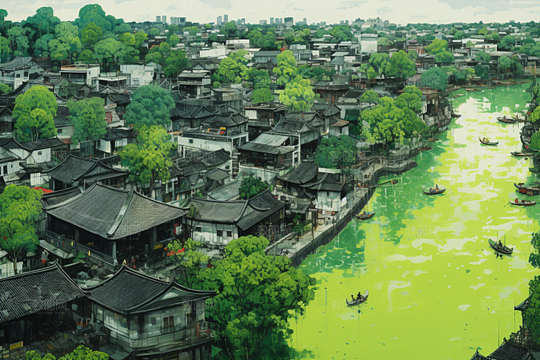 水墨江南水乡小桥流水插画