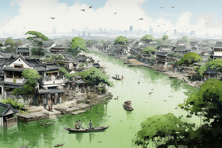 水墨江南水乡小镇插画