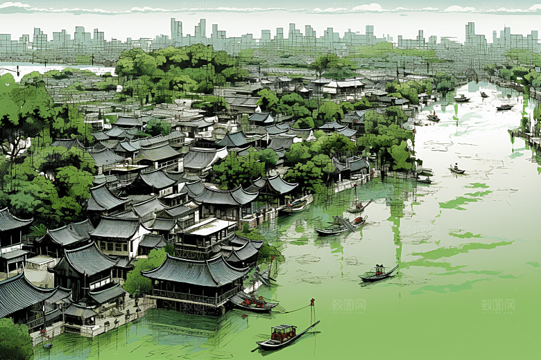 水墨江南手绘水乡插画