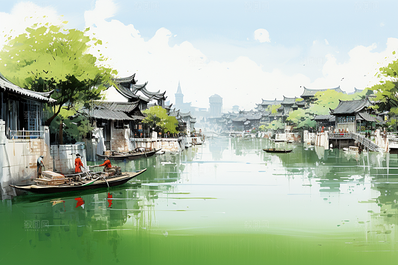水墨江南晕染小桥流水插画