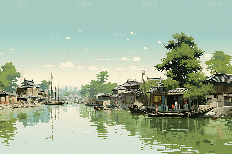 水墨江南小镇中国风插画
