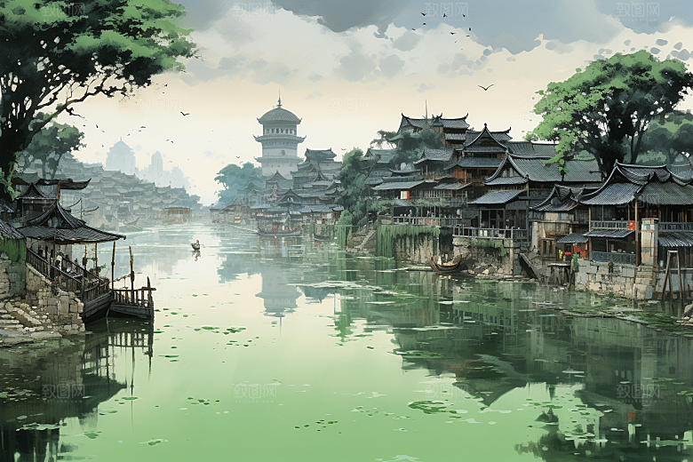 水墨江南粉墙黛瓦小镇插画