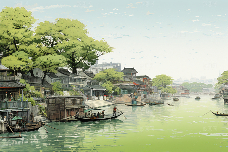 水墨江南小桥流水水乡插画