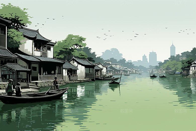 水墨江南粉墙黛瓦晕染插画