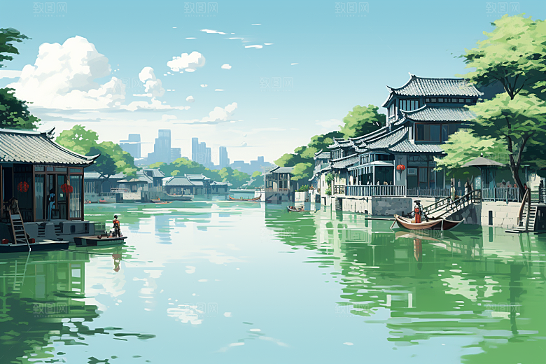 水墨江南中式晕染插画