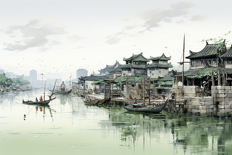 水墨江南小桥流水手绘插画