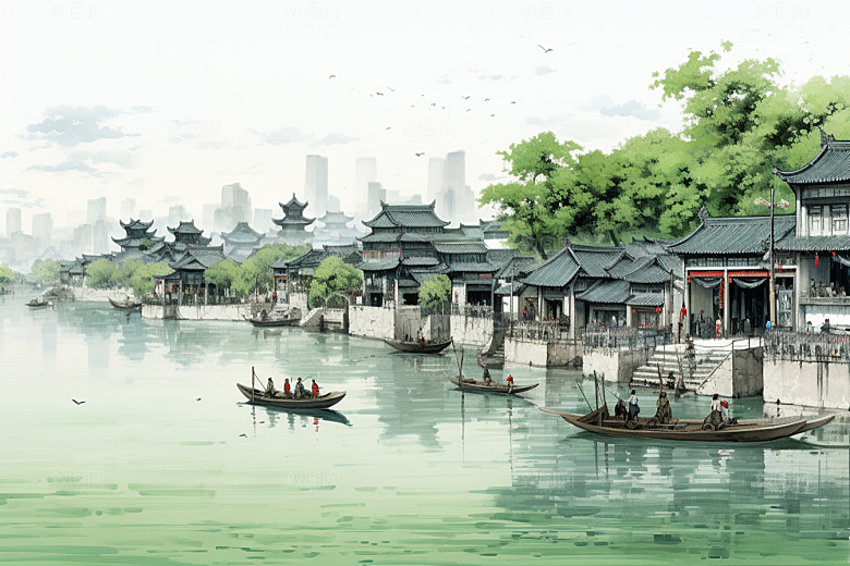 水墨江南粉墙黛瓦中国风插画