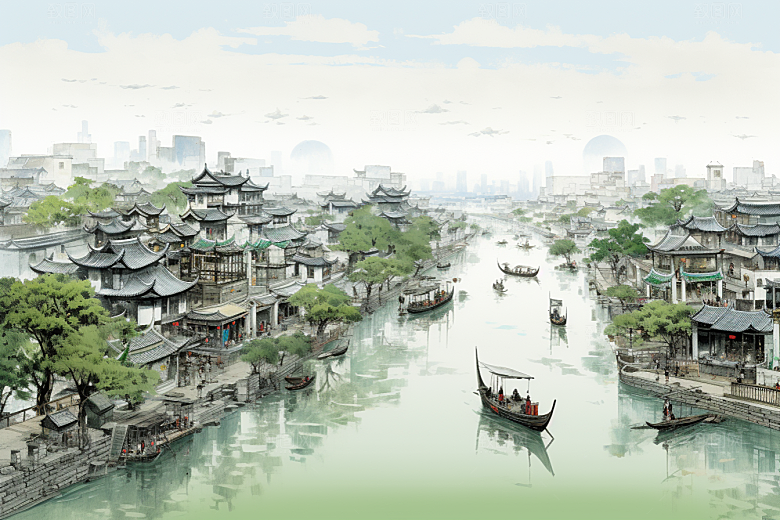 水墨江南中国风小桥流水插画