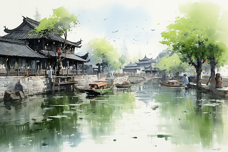 水墨江南水彩水乡插画
