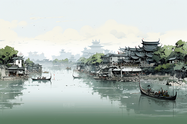 水墨江南小镇中国风插画