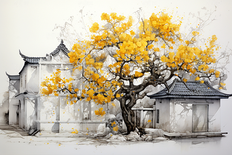 水墨江南小镇小桥流水插画