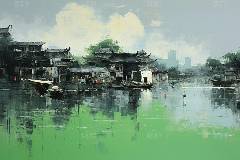 水墨江南手绘水乡插画
