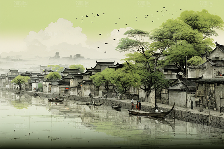 水墨江南中国风水乡插画