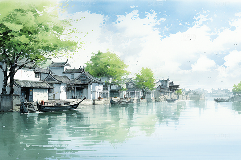 水墨江南水乡手绘插画