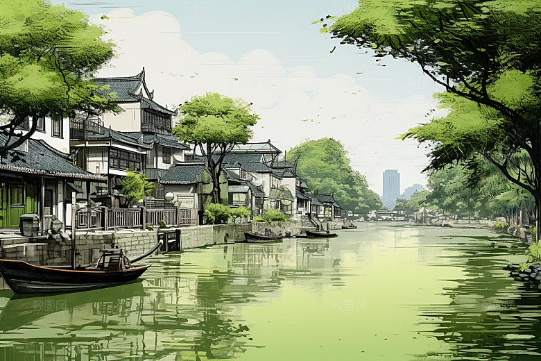 水墨江南小桥流水中国风插画