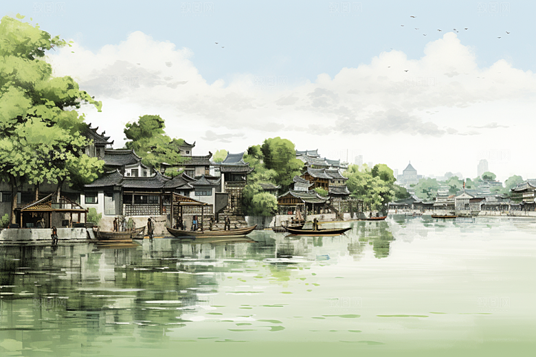 水墨江南水乡中国风插画