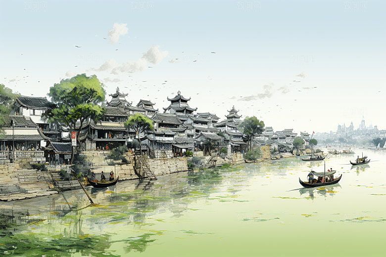 水墨江南粉墙黛瓦小桥流水插画
