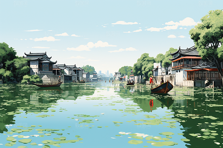 水墨江南晕染水乡插画