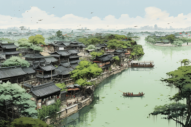 水墨江南水乡水彩插画