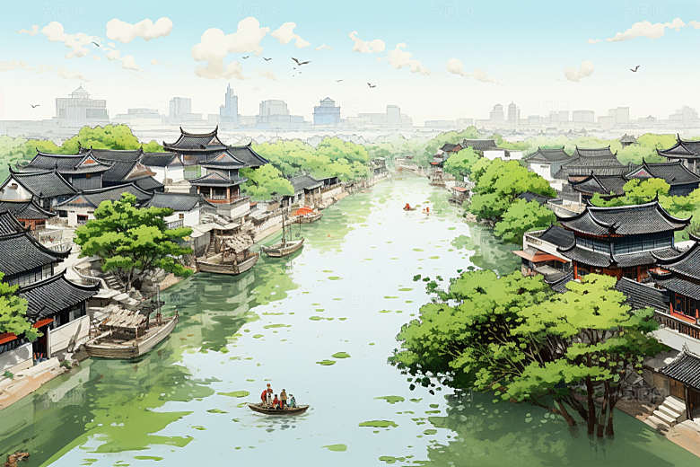 水墨江南小桥流水中式插画
