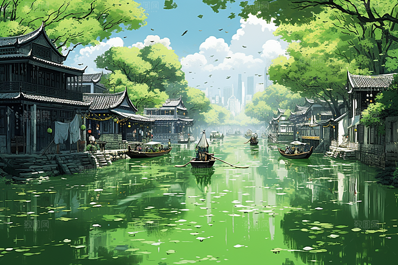 水墨江南中式晕染插画