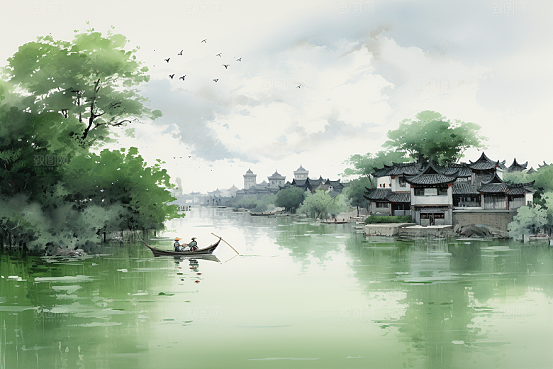 水墨江南水彩粉墙黛瓦插画