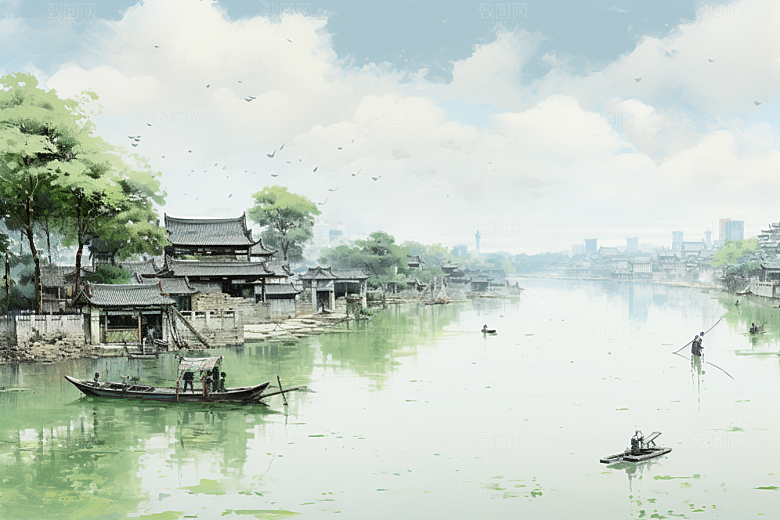 水墨江南中国风小桥流水插画