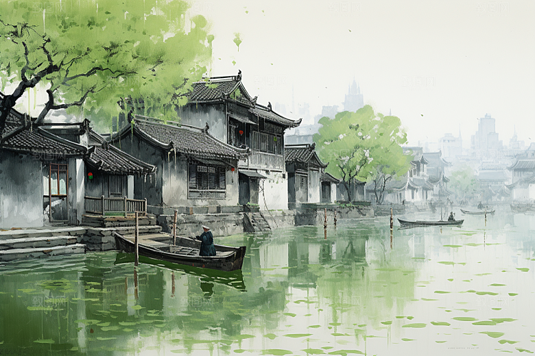 水墨江南中国风水彩插画