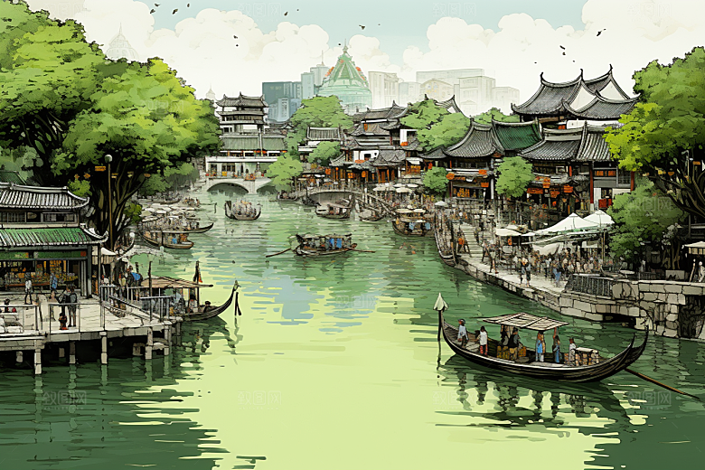 水墨江南中国风粉墙黛瓦插画