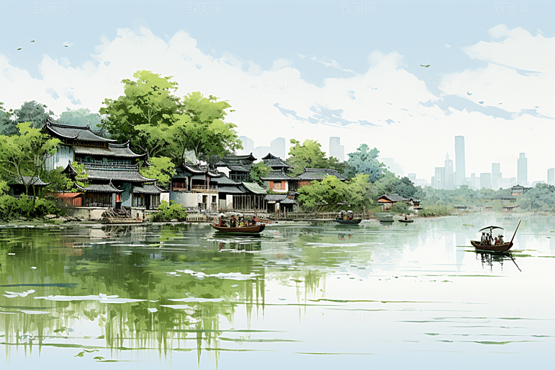 水墨江南小镇中国风插画