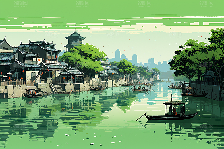 水墨江南中国风水乡插画