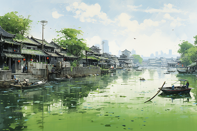 水墨江南晕染小镇插画