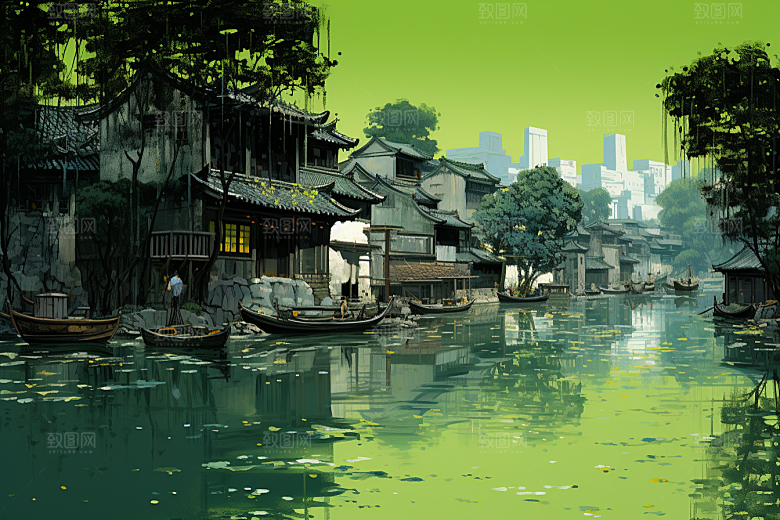 水墨江南晕染手绘插画