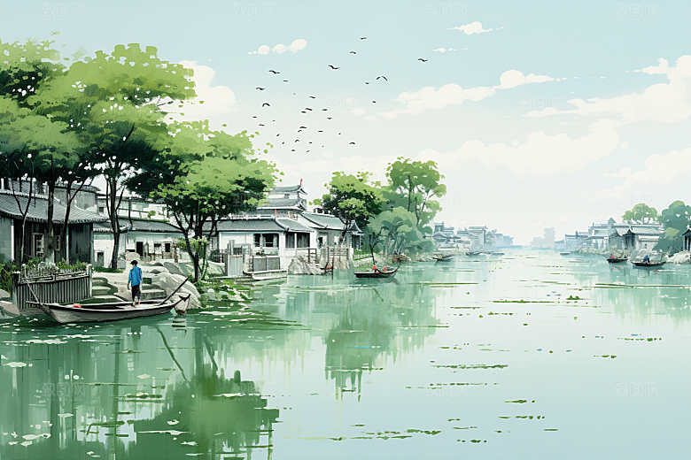 水墨江南小镇中国风插画