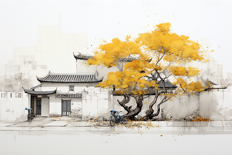 水墨江南手绘小镇插画
