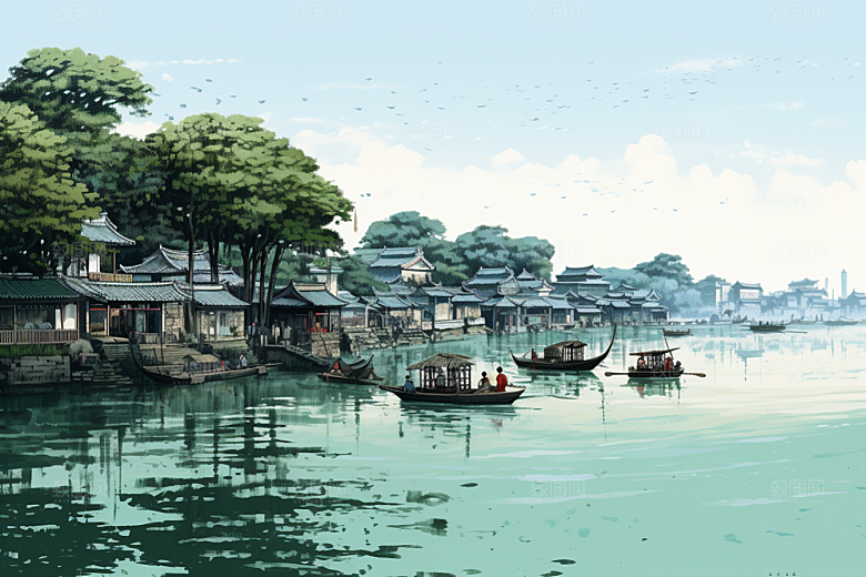 水墨江南中式水彩插画