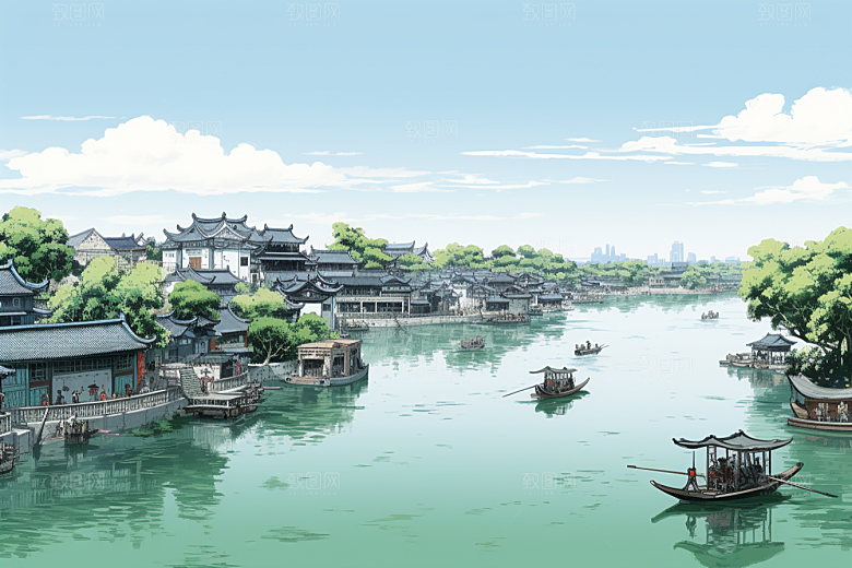 水墨江南小镇中式插画