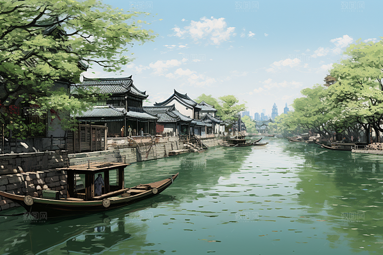 水墨江南晕染水彩插画