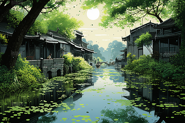 水墨江南晕染手绘插画