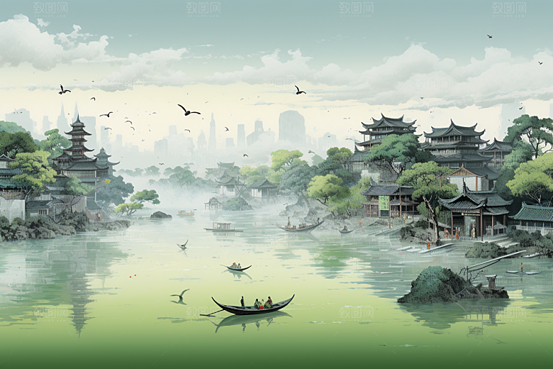 水墨江南水彩晕染插画