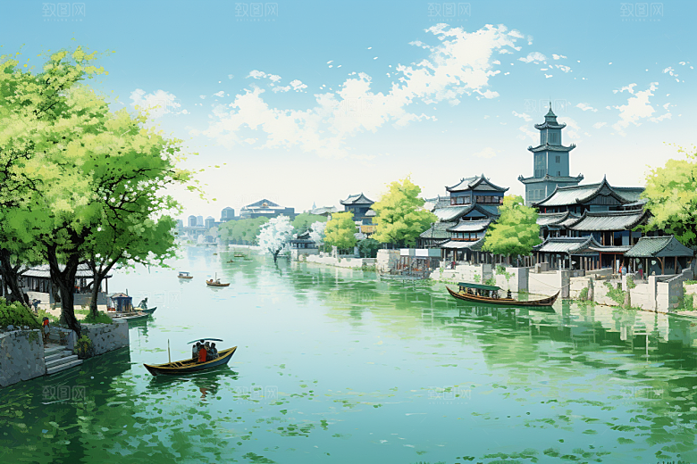 水墨江南小桥流水粉墙黛瓦插画