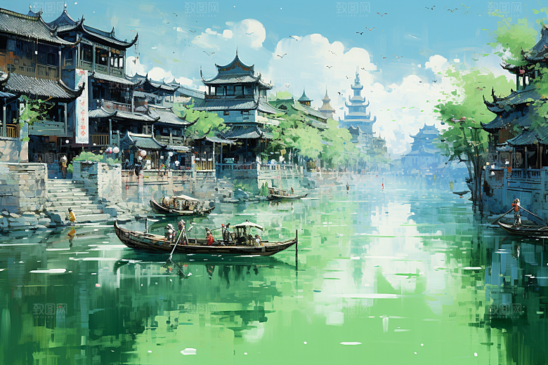 水墨江南晕染手绘插画