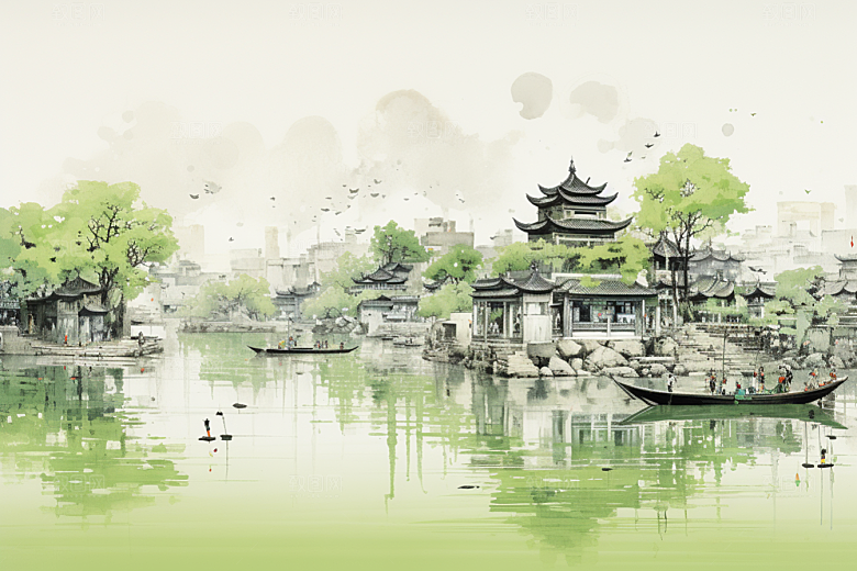水墨江南手绘中式插画