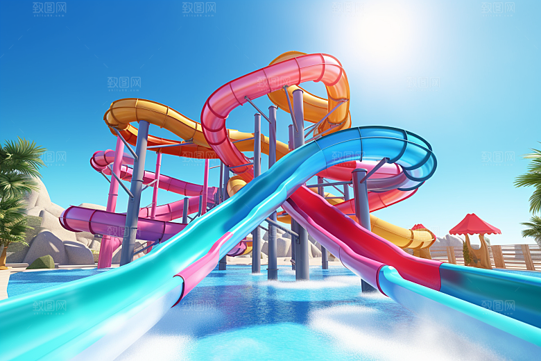 水上乐园游乐设施夏天插画