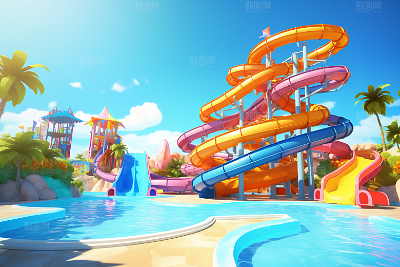 水上乐园夏天儿童乐园插画