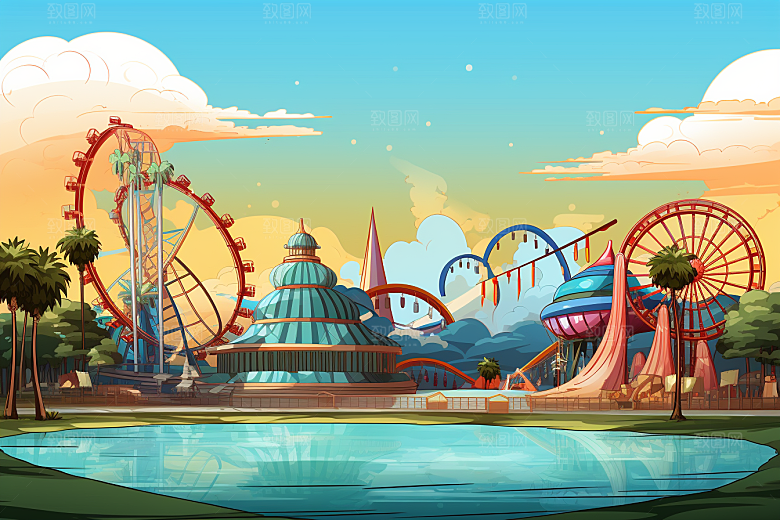 水上乐园夏天游乐设施插画