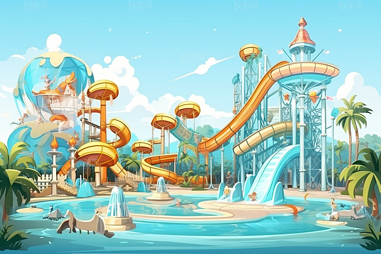 水上乐园玩水夏日插画