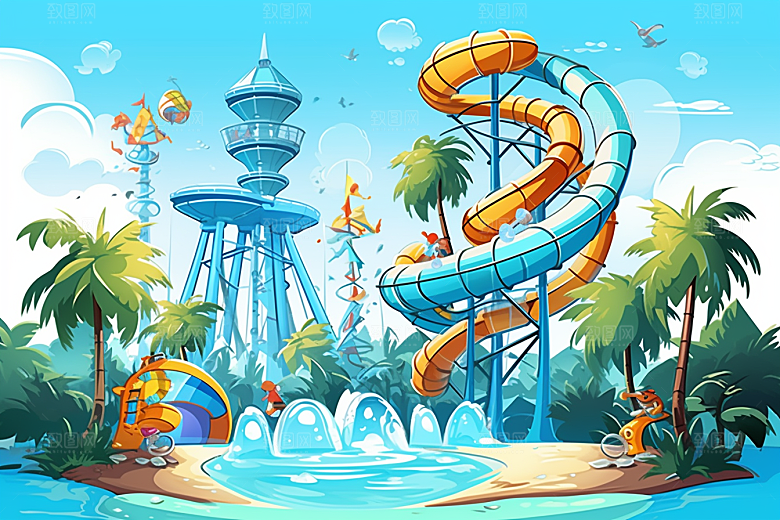 水上乐园戏水夏日插画